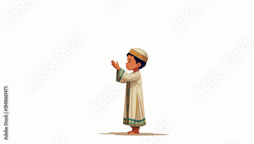 A young Muslim girl wearing a traditional outfit is standing in a neutral background with her hand raised in a gesture of greeting or farewell.