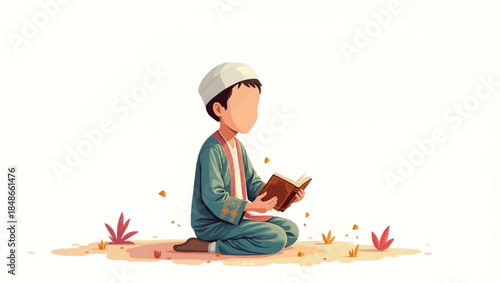 A young boy sitting serenely on the ground reading a book with peaceful surroundings