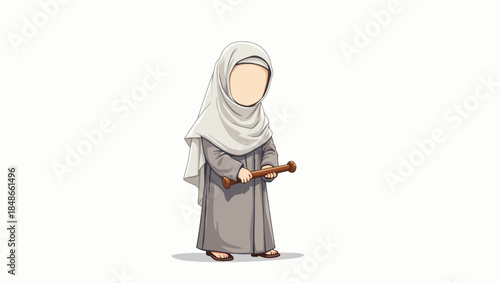 A woman wearing traditional clothing and hijab holding a rifle standing alone in a minimalist environment