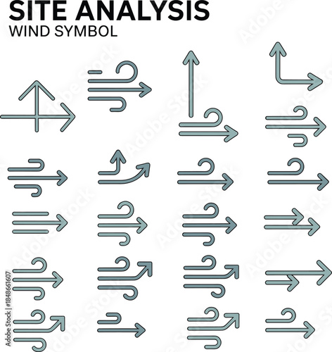 Collection of wind direction and speed symbols in a site analysis graphic arrow