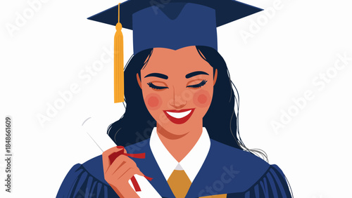 A young woman proudly holding her diploma and wearing a graduation cap and gown