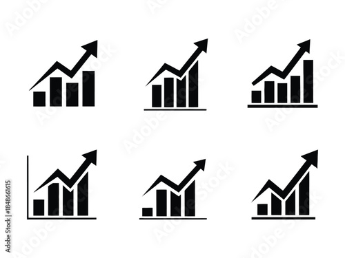 Collection of black and white growth charts and upward trending graph icons