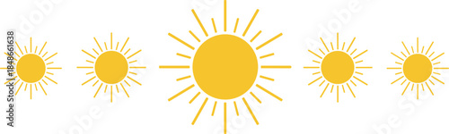 Sun icon vector set featuring multiple radiant sunshine symbols in bright yellow style isolated on white background for weather, summer, and energy design