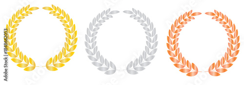Gold, silver and bronze medals laurel wreaths for the first, second and third place winners.Winning places.Award nomination trophy.Sign, symbol, icon and logo isolated.Graphic.Vector illustration.