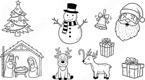 Colorful christmas icons set: tree, ornament, gift, stocking, snowflake, santa hat, sleigh, candy cane, bell, fireplace