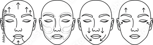 Facial massage and skincare technique outline vector set showing face diagrams with lifting arrows and pressure lines isolated on white background for beauty and wellness education