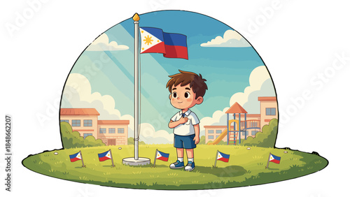 Young Filipino Boy Saluting the Philippine Flag.