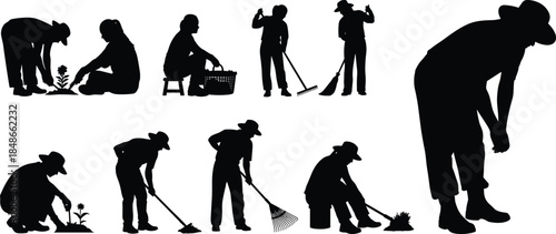 Gardening worker silhouettes set showing planting, digging, raking activities, black vector farmers for agriculture, landscaping, outdoor labor design projects