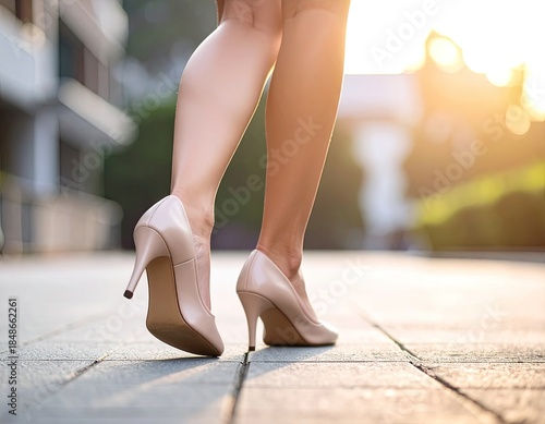 Woman walking in beige high heels on a paved outdoor path during golden hour.