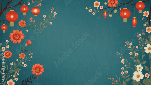 Festive floral arrangement with red lanterns and flowers on a teal background