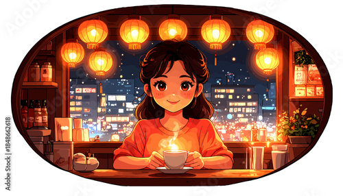Young Woman Enjoying a Warm Drink Indoors.