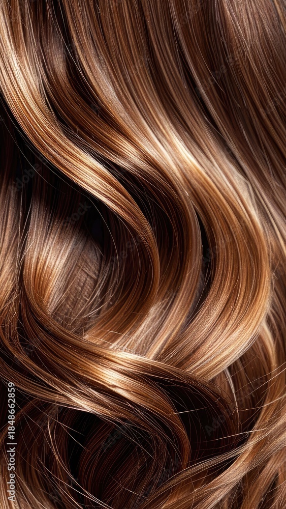 Naklejka premium Close-up of richly colored, wavy brown and blonde highlighted hair strands.