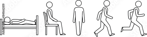 Human daily routine outline vector set showing sleeping, sitting, standing, walking, and running activities isolated on white background for lifestyle, health, and infographic design