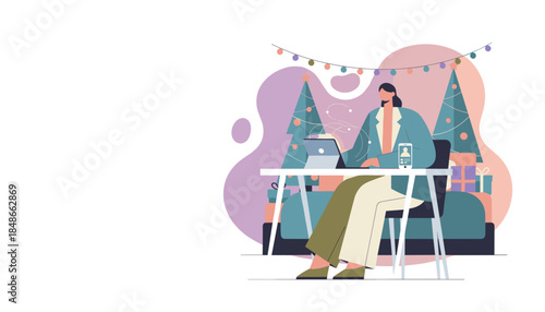 Woman works on laptop at a holiday desk balancing career and Christmas tasks