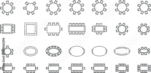 Meeting table and conference seating layout outline vector mega set featuring round, oval, square, and rectangular arrangements isolated on white background for office planning