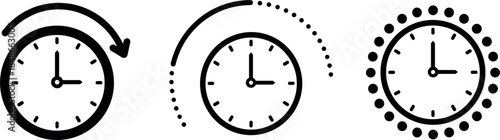 Time management and deadline clock icon vector set showing progress, countdown, and circular timing indicators isolated on white background for productivity and scheduling design