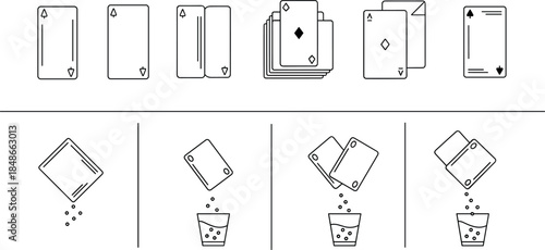 Playing cards discard and disposal instruction outline vector set showing card handling steps and throwing cards into trash isolated on white background for casino and game design