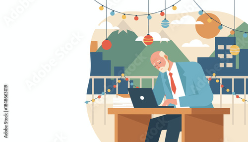 Senior man works on laptop outside during festive season Workaholic or remote office concept