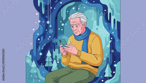 Senior man texting on a phone in a colorful graphic winter scene Technology and cold weather concept