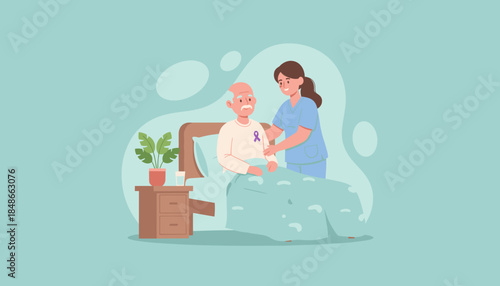 Nurse attends to elderly patient with purple awareness ribbon in bed representing health and supportive care