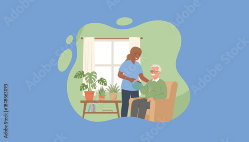Caregiver helps senior man water plants at home Elderly care assistance and home nursing illustration