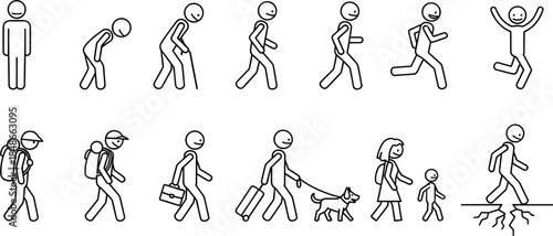 Human activity stick figure outline vector set showing walking, running, carrying, jumping, and daily life actions isolated on white background for infographic and education design