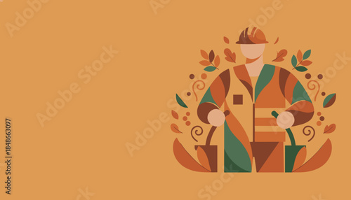 Sustainable worker in hard hat and safety vest holding plants Ecofriendly construction and labor illustration
