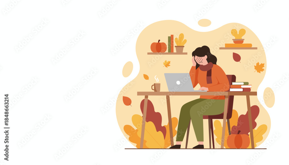 Fototapeta premium Tired woman works on laptop surrounded by fall decor Seasonal stressremote study concept