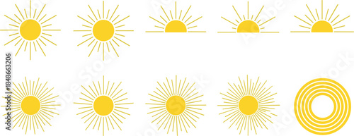Sun icon vector set featuring sunrise, sunset, and radiant sunburst symbols in minimal yellow style isolated on white background for weather and summer design