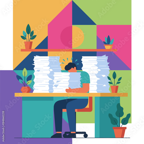Stressed worker overwhelmed by huge paperwork stacks Deadline pressure burnout and office stress concept