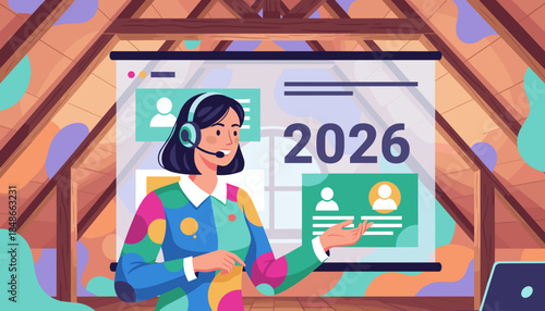 Virtual presentation of 2026 business strategy by a smiling woman in a home office