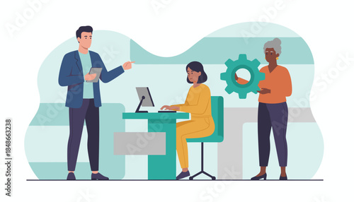 Diverse business team working on process optimization manager digital operator and senior consultant collaborating