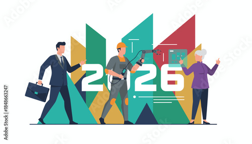 Diverse workforce embraces future technology and industry for the New Year 2026 planning and goals