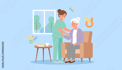 Compassionate caregiver assisting elderly woman at home Senior health support illustration