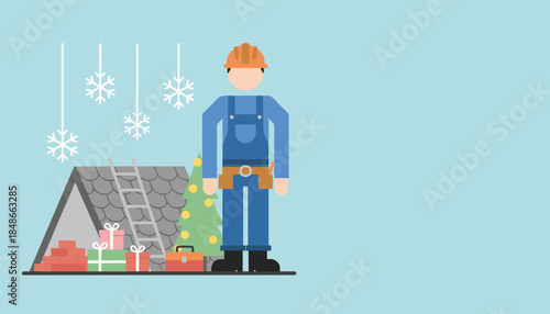 Construction worker next to roof gifts and Christmas tree Seasonal labor and repairs
