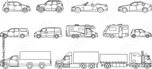 Set of minimalist line art icons featuring various vehicle types including passenger cars suvs vans rvs and heavy transport trucks