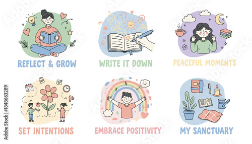 Selfcare and wellness routine icons journaling reflecting setting intentions and finding peaceful moments