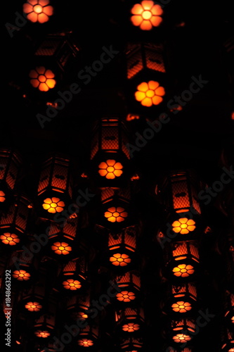 Buddhist votive lanterns in a temple in Japan on Mount Koya in Wakayama Prefecture