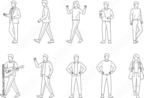 People line art illustration set with men and women walking, standing, reading, playing guitar poses for lifestyle, UI, web design