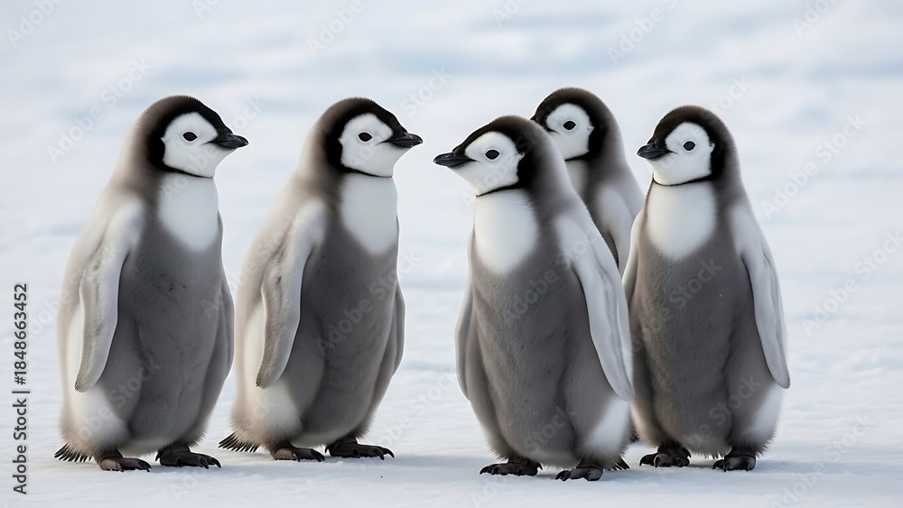Obraz premium Group of five penguins standing on ice