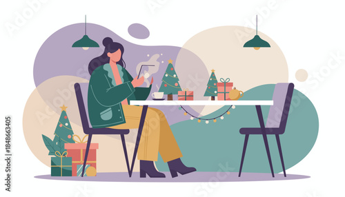 Woman relaxing with hot drink and tablet in a cozy cafe decorated for Christmas holidays
