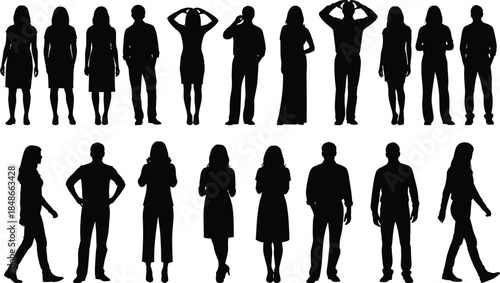People silhouettes collection with men and women standing walking poses, black vector figures for business, lifestyle, design projects, branding, presentations