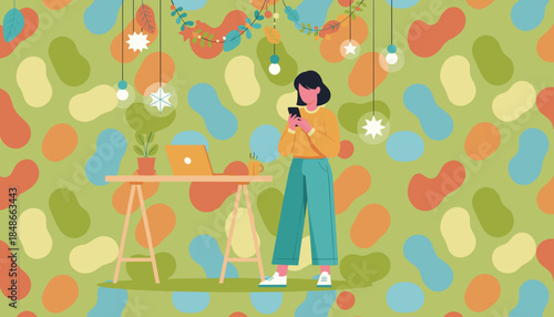 Young woman using phone while standing at a modern home office desk with colorful abstract decor