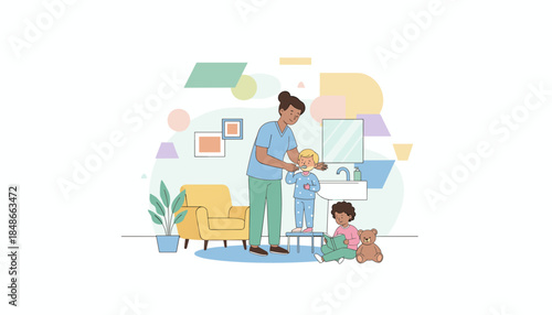 Family routine Parent helping child brush teeth while sibling reads nearby