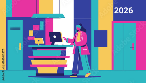 Professional woman working at a futuristic vibrant desk in 2026 Modern office technology and future business concept