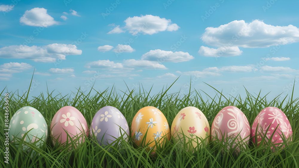 Fototapeta premium Easter eggs in a grassy field under a blue sky with fluffy clouds