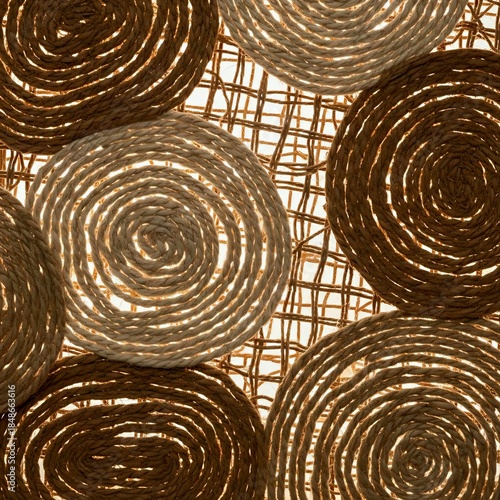 Macro close-up of backlit spiral rope elements in beige and brown tones, detailed texture shot of woven grid background textile art. 