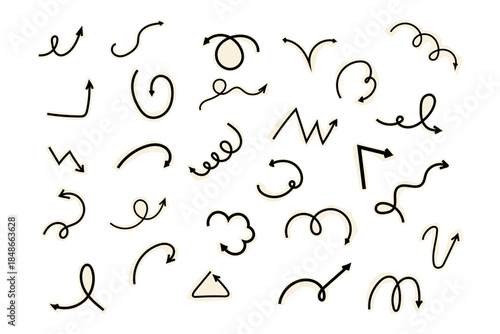 Spiral arrow doodle, collage cutout wavy twist minimal squiggly line set. Curve comic turn way cut out direction. Playful quirky simple free hand elements. 