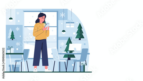 Frustrated woman checking her phone in a snowy cafe Holiday stress technology and communication concept