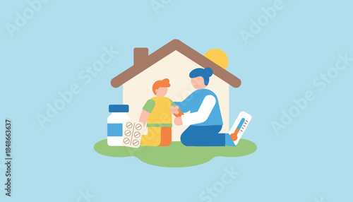 Caring for a sick child at home Mother helping son with first aid and medication